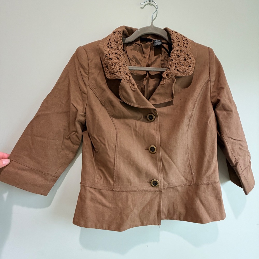 VTG Field Manor Linen Blend Crochet Collar Jacket Women Small Brown Cottagecore
